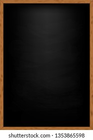 Rubbed out dirty chalkboard. Realistic blank black chalkboard in wooden frame. Background for school or restaurant design, menu. Blackboard isolated over whit background. Clipart vector illustration 