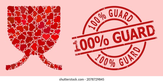 Rubber 100 percent Guard stamp seal, and red love heart mosaic for full mug. Red round stamp includes 100 percent Guard tag inside circle. Full mug mosaic is designed from red romance symbols.