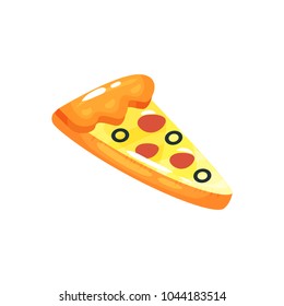 Rubber air mattress in form of pizza slice for swimming in pool. Inflatable floating toy. Cartoon beach accessory for summer vacation. Colorful flat vector design