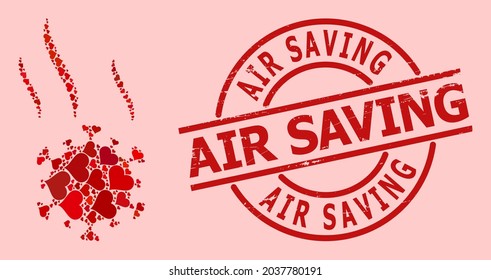Sello de ahorro de aire de caucho y mosaico de corazón de amor rojo para pulverización de virus. El sello rojo redondo tiene la leyenda de Air Saving dentro de un círculo. El mosaico de aerosol de virus se forma con iconos rojos románticos.