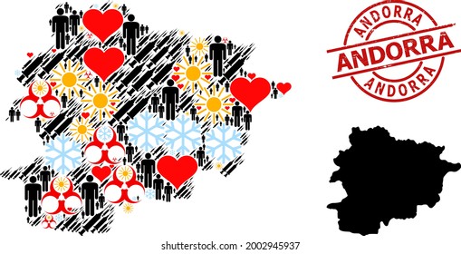 Rubber Andorra stamp seal, and frost demographics inoculation collage map of Andorra. Red round stamp includes Andorra tag inside circle. Map of Andorra collage is constructed with frost, sun,