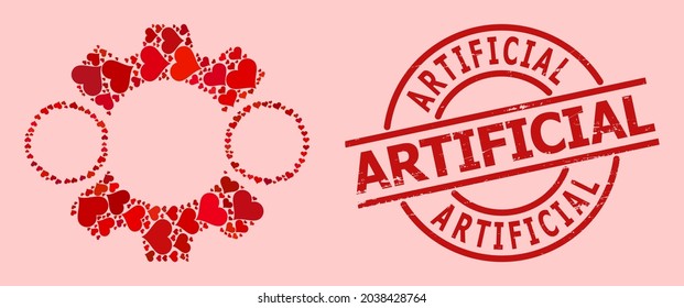 Rubber Artificial seal, and red love heart mosaic for nanobot. Red round seal includes Artificial title inside circle. Nanobot mosaic is designed of red dating icons.
