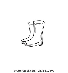 Esboço de botas de borracha de outono. Ilustração de linha gráfica vetorial desenhada à mão isolada. Rabiscar preto e branco. Sapatos impermeáveis de segurança para jardinagem e tempo chuvoso úmido. Clipart para cartão, impressão, site.