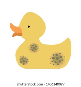 Rubber baby duck with mold. Flat on a white background.