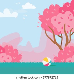 Rubber ball and Cherry Sakura Blossom. Outdoor park. Grass field. Playing ball. Spring Nature. Vector seasonal illustration