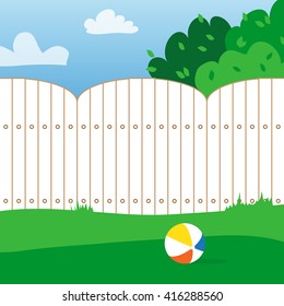 Rubber ball and grass field. House backyard. Playing ball inside the fence. Vector  illustrations.