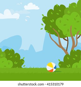 Rubber ball and outdoor park. Grass field. Playing ball. Vector  illustrations.