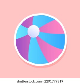 Rubber ball sticker concept. Summer toy for relaxing on beach. Striped blue and violet sphere. Sticker for social networks and messengers. Cartoon flat vector illustration