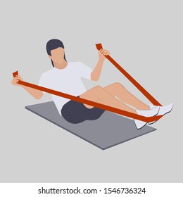Rubber band - athlete is training arm muscles - vector. Fitness Sport Club. Physical exercise.