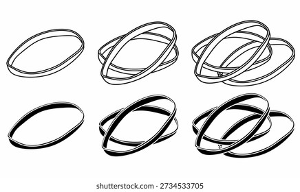 Conjunto de iconos de banda de goma. También conocido como elástico, banda de goma o banda lacada. Ilustración vectorial en delgado, línea, contorno, silueta, fondo blanco aislado.