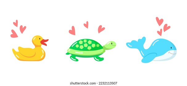 Rubber bath toys isolated on white background. Cute cartoon animals collection: duck, tortoise, whale, hearts. Vector illustration in flat style.