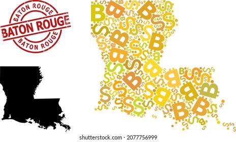 Rubber Baton Rouge stamp, and finance collage map of Louisiana State. Red round stamp seal has Baton Rouge text inside circle. Map of Louisiana State collage is organized of investment, funding,