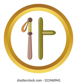 Rubber batons vector icon in golden circle, cartoon style isolated on white background