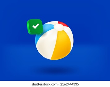 Rubber beach ball with checkmark icon. 3d vector illustration