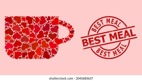 Rubber Best Meal seal, and red love heart collage for tea cup. Red round seal has Best Meal text inside circle. Tea cup collage is designed with red valentine items.