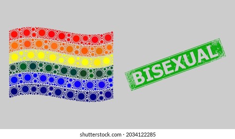 Rubber Bisexual and mosaic waving LGBT flag constructed with sun elements. Green stamp includes Bisexual text inside rectangle. Vector sunny mosaic waving LGBT flag combined for holiday posters.