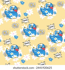 Rubber blue duck with chamomile seamless pattern. Vector cartoon illustration. Pop art style for kids. Concept summer and vacation