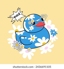 Rubber blue duck with chamomile. Vector cartoon illustration. Pop art style. Concept summer