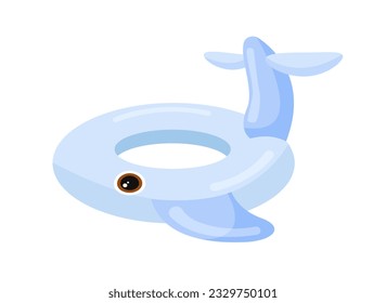 Rubber blue whale swimming round concept. Holiday and vacation, summer leisure. Sticker for social networks and messengers. Cartoon flat vector illustration isolated on white background