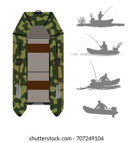 Rubber boat. Color camouflage. Silhouette of a fisherman and a hunter in a boat. Isolate on white background.