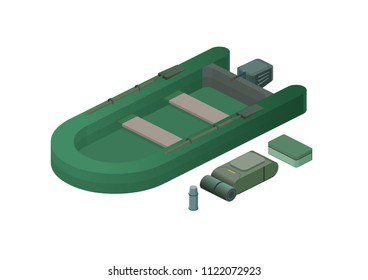 Rubber boat with equipment isometric view. Motor boat with oars, bagpack, thermos isolated on white background. Vector illustration.