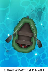 Rubber boat with oars. Turquoise surface of water in the ocean with fishes. Background for a summer poster, foyer or postcard. Vector.
