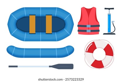 Rubber boat with paddle, pump, life jacket, lifebuoy. Rafting extreme water sport equipment. Fishing equipment. Inflatable rubber vessel boat.