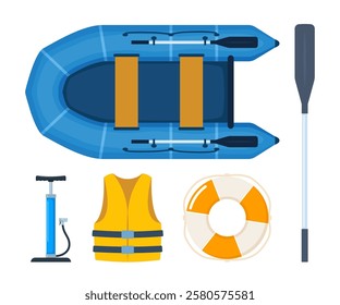 Rubber boat with paddle, pump, life jacket, lifebuoy. Rafting extreme water sport equipment. Fishing equipment. Inflatable rubber vessel boat.