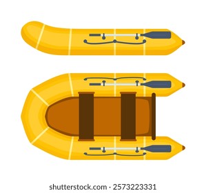 Rubber boat with paddle. Rafting extreme water sport. Fishing equipment. Inflatable rubber vessel boat.