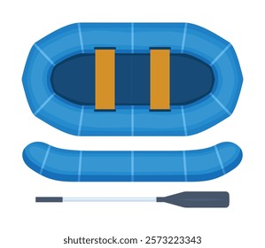 Rubber boat with paddle. Rafting extreme water sport. Fishing equipment. Inflatable rubber vessel boat.