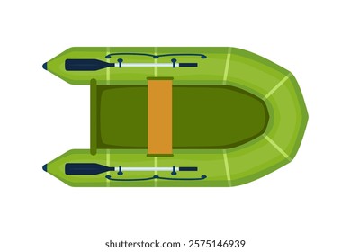 Rubber boat with paddle. Rafting extreme water sport. Fishing equipment. Inflatable rubber vessel boat.