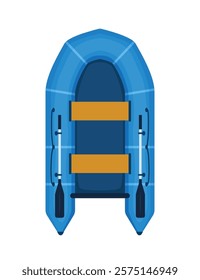 Rubber boat with paddle. Rafting extreme water sport. Fishing equipment. Inflatable rubber vessel boat.