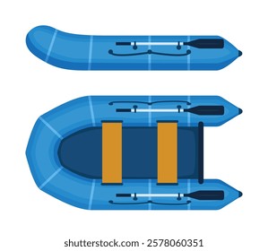 Rubber boat with paddle. Rafting extreme water sport. Fishing equipment. Inflatable rubber vessel boat.