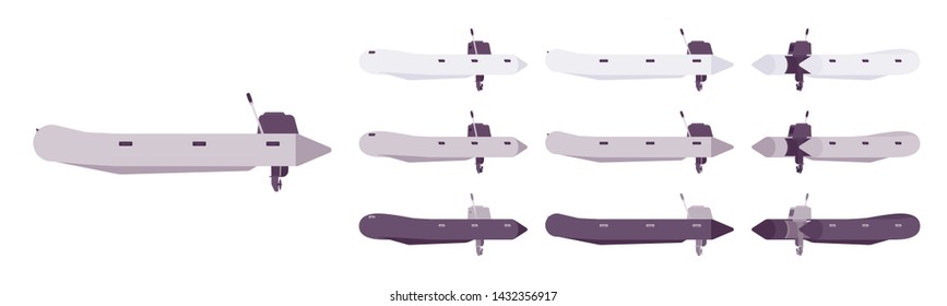 Rubber boat set. Inflatable vessel for enjoyable water fun or fishing, action sport equipment. Vector flat style cartoon illustration isolated on white background, different views and color