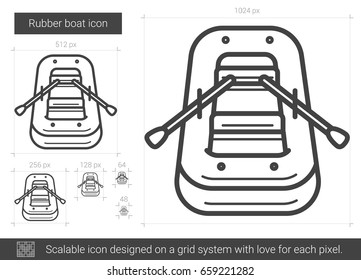 Kautschukboot Vektorsymbol einzeln auf weißem Hintergrund. Rubber Boot Linie Symbol für Infografik, Website oder App. Skalierbares Symbol, das auf einem Gittersystem entworfen wurde.