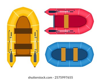 Rubber boats set. Rafting extreme water sport. Fishing equipment. Inflatable rubber vessel boat.