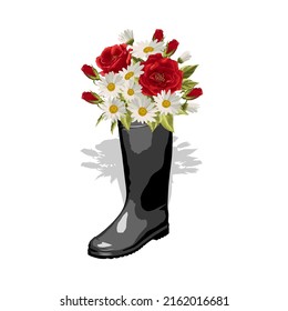 Rubber boot with a bouquet of flowers. Vector illustration