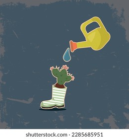 Rubber boot with cactus, vase, vector image, grunge, logo, icon, clipart, sticker