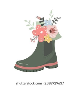 Rubber boot filled with vibrant flowers, design element for create a charming decoration for a garden setting