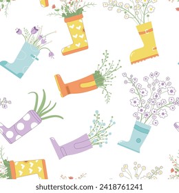 Rubber boot with flowers bouquet seamless pattern. Gardening spring endless background. Floral composition in waterproof shoes cover. Vector flat illustration.