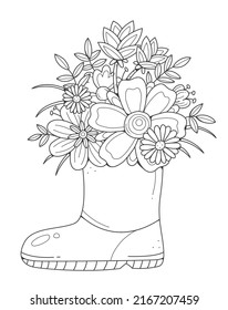 A rubber boot with flowers. Coloring book for children and adults. Coloring page with flowers. Vector illustration.