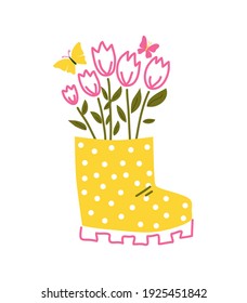 Rubber boot with flowers. Spring greeting card. Vector hand illustration.