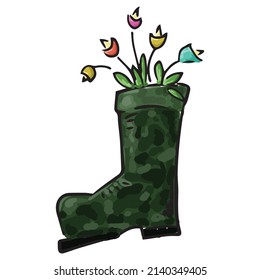 Rubber boot with flowers. Vector illustration of spring flowers in a rubber boot. 