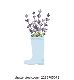 Bota de goma con flores de lavanda dibujadas a mano. Ilustración vectorial. Sencillo estilo plano.