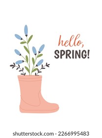 Rubber boot with hand drawn spring flowers. Vector illustration. Spring design. Flat vintage style.