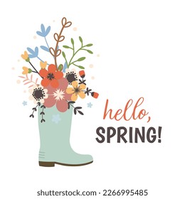 Gummischuh mit handgezogenen Frühlingsblumen. Vektorgrafik. Cute Vektorgrafik für Federdesign. Flacher Vintage-Stil.