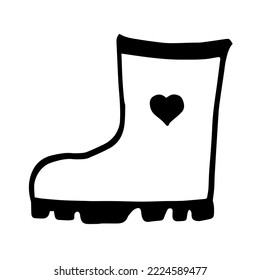 Rubber boot with heart isolated on a white background. Shoes for walking in puddles. Water resistant boot. Boots of a gardener to work in the garden. vector illustration in the Doodle style