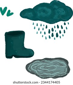 Rubber boot, puddle, cloud, rain. Autumn illustration. Vector