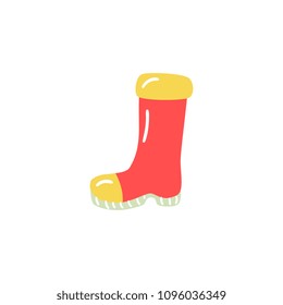 Rubber boot in red and yellow colors for rainy weather walking or farm agricultural works isolated on white background. Seasonal waterproof shoe gumboot in cartoon vector illustration.