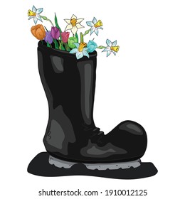 Rubber boot with tulips and daffodils icon. Vector illustration of spring flowers in a rubber boot. Hand drawn daffodil and tulips in a garden boot.